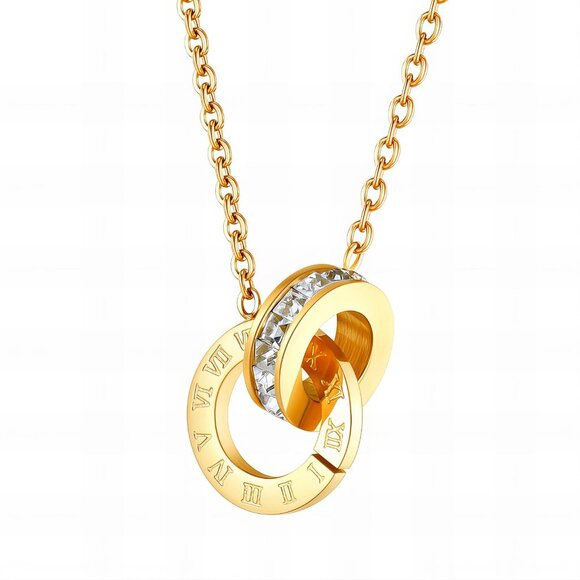 Roman Numeral Interlocking Rings Necklace | 18K Gold Plated | CZ Crystals - Picture 1 of 2